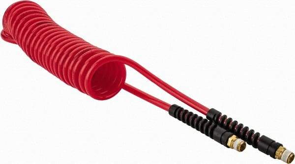 PRO-SOURCE - 1/4" ID, 1/4 Thread, 15' Long, Red Polyurethane Coiled & Self Storing Hose - 147 Max psi, Male Swivel x Male Swivel - Apex Tool & Supply