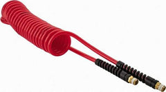 PRO-SOURCE - 1/4" ID, 1/4 Thread, 15' Long, Red Polyurethane Coiled & Self Storing Hose - 147 Max psi, Male Swivel x Male Swivel - Apex Tool & Supply