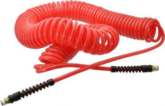 PRO-SOURCE - 1/4" ID, 1/4 Thread, 50' Long, Red Polyurethane Coiled & Self Storing Hose - 147 Max psi, Male Swivel x Male Swivel - Apex Tool & Supply