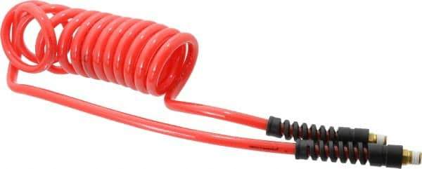 PRO-SOURCE - 5/16" ID, 1/4 Thread, 10' Long, Red Polyurethane Coiled & Self Storing Hose - 120 Max psi, Male Swivel x Male Swivel - Apex Tool & Supply