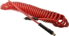 PRO-SOURCE - 5/16" ID, 1/4 Thread, 25' Long, Red Polyurethane Coiled & Self Storing Hose - 120 Max psi, Male Swivel x Male Swivel - Apex Tool & Supply