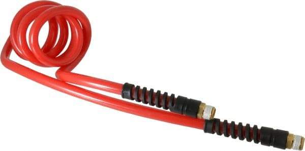 PRO-SOURCE - 3/8" ID, 3/8 Thread, 5' Long, Red Polyurethane Coiled & Self Storing Hose - 133 Max psi, Male Swivel x Male Swivel - Apex Tool & Supply