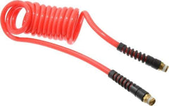 PRO-SOURCE - 3/8" ID, 3/8 Thread, 10' Long, Red Polyurethane Coiled & Self Storing Hose - 133 Max psi, Male Swivel x Male Swivel - Apex Tool & Supply