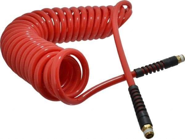 PRO-SOURCE - 3/8" ID, 3/8 Thread, 25' Long, Red Polyurethane Coiled & Self Storing Hose - 133 Max psi, Male Swivel x Male Swivel - Apex Tool & Supply
