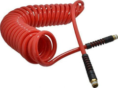 PRO-SOURCE - 3/8" ID, 3/8 Thread, 25' Long, Red Polyurethane Coiled & Self Storing Hose - 133 Max psi, Male Swivel x Male Swivel - Apex Tool & Supply