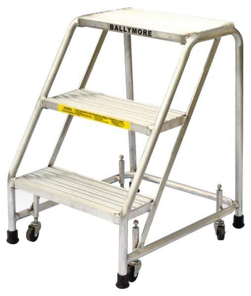 Ballymore - 28-1/2" 3 Step Ladder - Rolling Safety Ladder, 300 Lb Capacity, 28-1/2" Platform Height, 20" Base Width x 25" Base Depth, Solid Ribbed Tread - Apex Tool & Supply