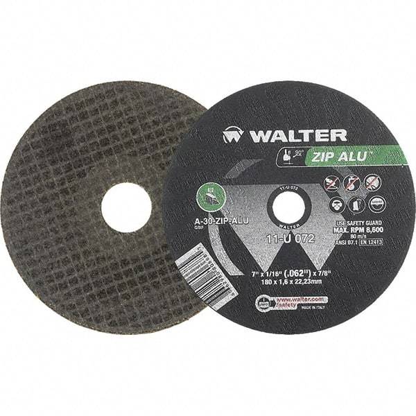 WALTER Surface Technologies - 7" 30 Grit Aluminum Oxide Cutoff Wheel - 1/16" Thick, 7/8" Arbor, 8,600 Max RPM, Use with Angle Grinders - Apex Tool & Supply