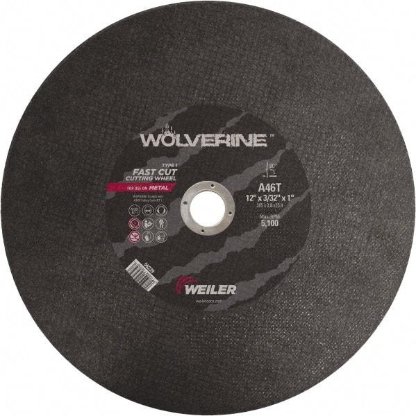 Weiler - 12" 46 Grit Aluminum Oxide Cutoff Wheel - 3/32" Thick, 1" Arbor, 5,100 Max RPM, Use with Chop Saws - Apex Tool & Supply