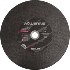 Weiler - 12" 46 Grit Aluminum Oxide Cutoff Wheel - 3/32" Thick, 1" Arbor, 5,100 Max RPM, Use with Chop Saws - Apex Tool & Supply