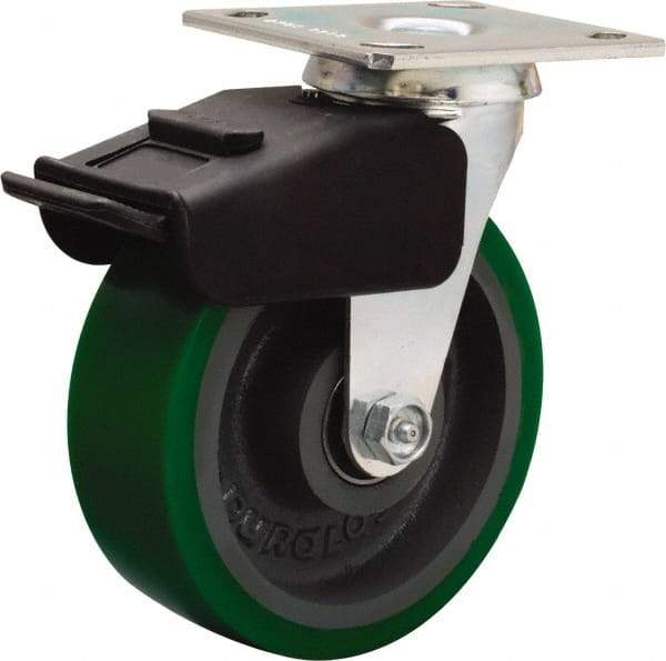 Hamilton - 6" Diam x 2" Wide x 7-1/2" OAH Top Plate Mount Swivel Caster - Polyurethane Mold onto Cast Iron Center, 850 Lb Capacity, Precision Ball Bearing, 4 x 4-1/2" Plate - Apex Tool & Supply