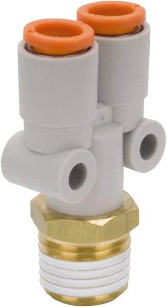 SMC PNEUMATICS - 5/16" Outside Diam, 3/8 NPT, Brass/Polybutylene Push-to-Connect Tube Male Y Connector - 145 Max psi - Apex Tool & Supply