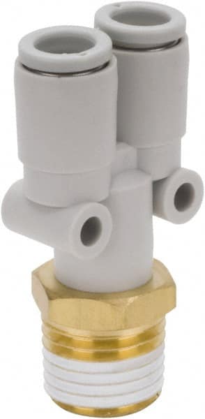 SMC PNEUMATICS - 10mm Outside Diam, 1/2 BSPT, Brass/Polybutylene Push-to-Connect Tube Male Y Connector - Apex Tool & Supply