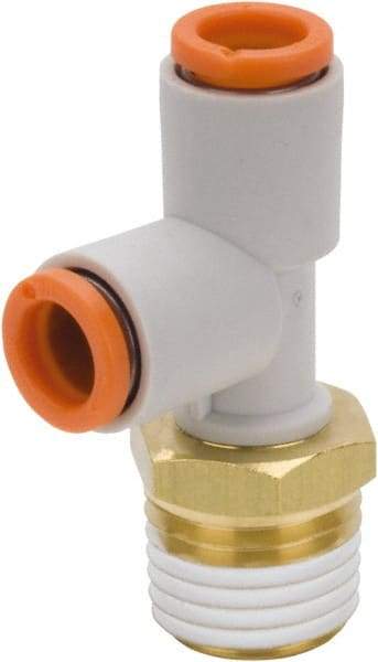 SMC PNEUMATICS - 5/32" Outside Diam, 1/4 NPT, Brass/Polybutylene Push-to-Connect Tube Male Run Tee - 145 Max psi - Apex Tool & Supply
