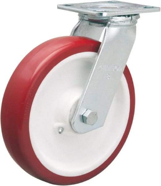 Hamilton - 8" Diam x 2" Wide x 9-1/2" OAH Top Plate Mount Swivel Caster - Polyurethane Mold on Polypropylene, 900 Lb Capacity, Straight Roller Bearing, 4 x 4-1/2" Plate - Apex Tool & Supply