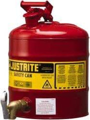 Justrite - 5 Gal Galvanized Steel Self-Closing, Self-Venting, Full-Length Flame Arrester with Bottom Faucet - 16-7/8" High x 11-3/4" Diam, Red with Yellow - Apex Tool & Supply