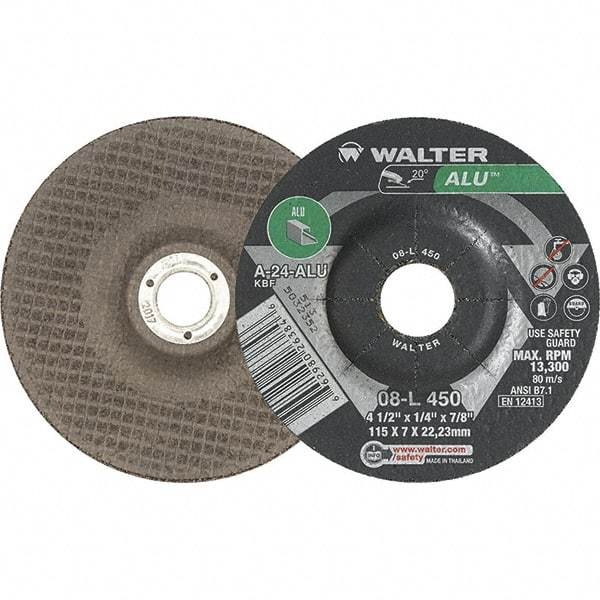 WALTER Surface Technologies - 24 Grit, 4-1/2" Wheel Diam, 1/4" Wheel Thickness, 7/8" Arbor Hole, Type 27 Depressed Center Wheel - Aluminum Oxide, 13,300 Max RPM - Apex Tool & Supply