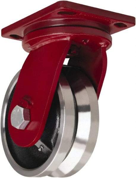 Hamilton - 8" Diam x 4" Wide, Iron Swivel Caster - 6,500 Lb Capacity, Top Plate Mount, 6-1/2" x 7-1/2" Plate, Straight Roller Bearing - Apex Tool & Supply