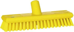 Vikan - 1.3" Bristle Length, Polyester Scrub Brush - 10-3/4" Long x 2-1/2" Wide Head, 11" OAL, European Threaded Handle, Yellow, Polypropylene Block - Apex Tool & Supply