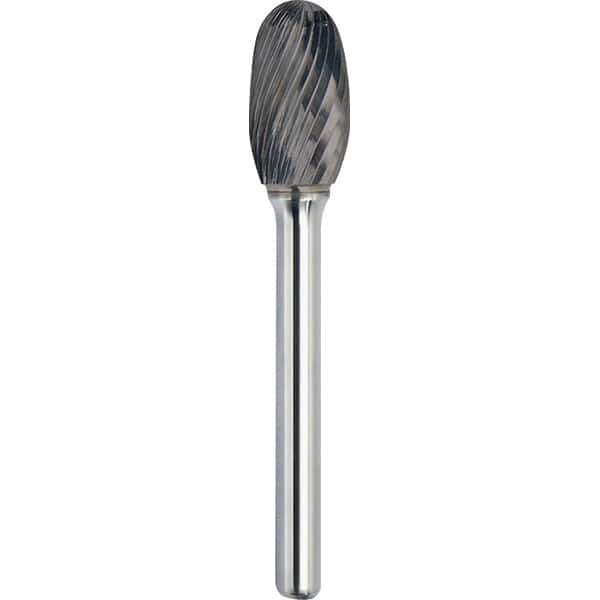 Made in USA - 5/8" Cut Diam, 1/4" Shank Diam, Oval Head Single Cut Burr - Carbide, 1" LOC, 2-3/4" OAL - Apex Tool & Supply