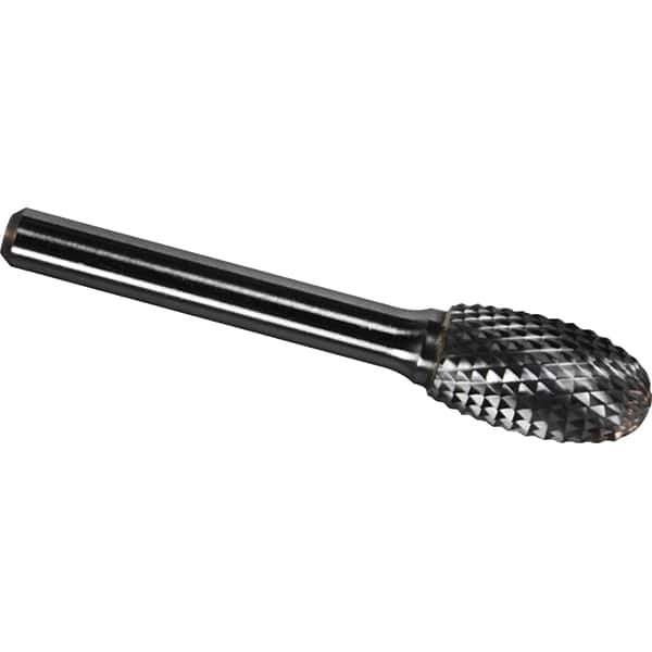Made in USA - 9.5mm Cut Diam, 0.2362" Shank Diam, Oval Head Diamond Cut Burr - Carbide, 16mm LOC, 61mm OAL - Apex Tool & Supply