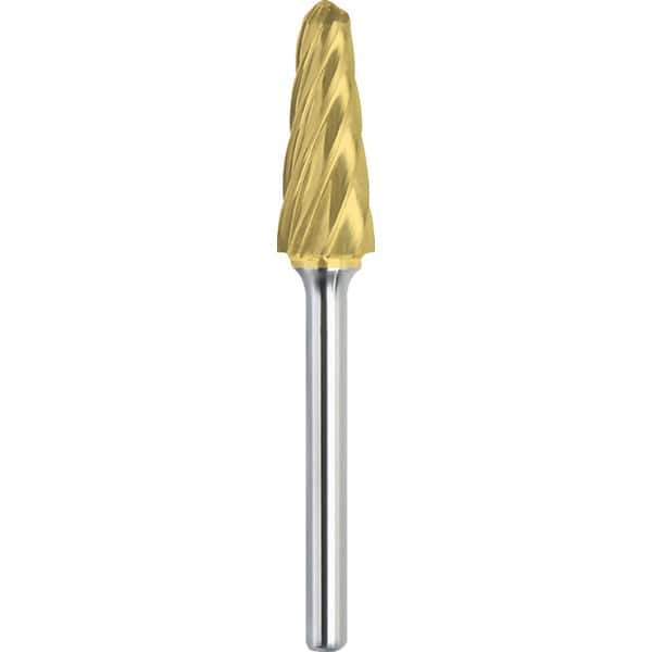 Made in USA - 5/8" Cut Diam, 1/4" Shank Diam, Cone Head Aluma Cut Burr - Carbide, 1-5/16" LOC, 3-1/16" OAL - Apex Tool & Supply