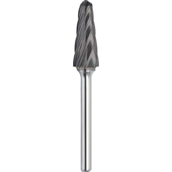 Made in USA - 1/2" Cut Diam, 1/4" Shank Diam, Cone Head Aluma Cut Burr - Carbide, 1-1/8" LOC, 2-7/8" OAL - Apex Tool & Supply