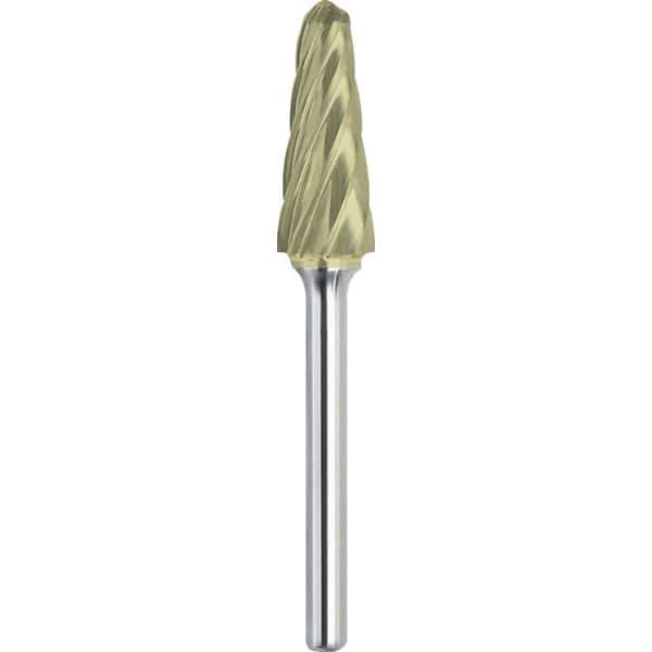 Made in USA - 3/8" Cut Diam, 1/4" Shank Diam, Cone Head Aluma Cut Burr - Carbide, 1-1/16" LOC, 2-13/16" OAL - Apex Tool & Supply