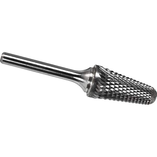 Made in USA - 9.5mm Cut Diam, 0.2362" Shank Diam, Cone Head Diamond Cut Burr - Carbide, 27mm LOC, 72mm OAL - Apex Tool & Supply