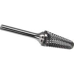 Made in USA - 5/8" Cut Diam, 1/4" Shank Diam, Cone Head Diamond Cut Burr - Carbide, 1-3/16" LOC, 2-15/16" OAL - Apex Tool & Supply