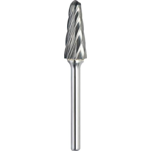 Made in USA - 5/8" Cut Diam, 1/4" Shank Diam, Cone Head Aluma Cut Burr - Carbide, 1-3/16" LOC, 2-15/16" OAL - Apex Tool & Supply