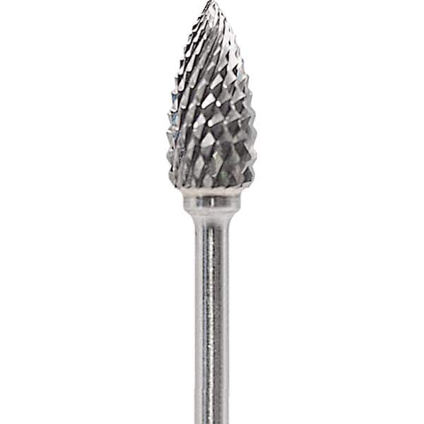 Made in USA - 1/4" Cut Diam, 0.0925" Shank Diam, Flame Head Diamond Cut Burr - Carbide, 1/2" LOC, 2" OAL - Apex Tool & Supply