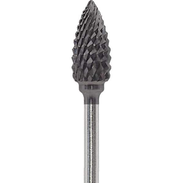 Made in USA - 1/4" Cut Diam, 0.0925" Shank Diam, Flame Head Diamond Cut Burr - Carbide, 1/2" LOC, 2" OAL - Apex Tool & Supply