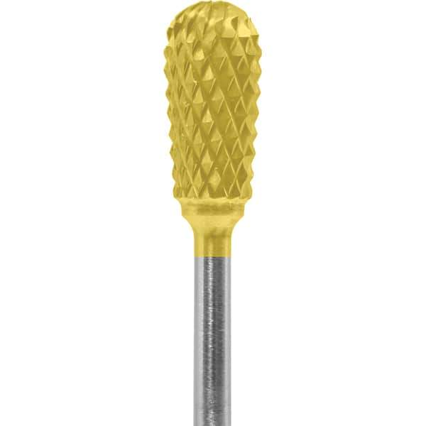 Made in USA - 1/4" Cut Diam, 0.0925" Shank Diam, Inverted Cone Head Diamond Cut Burr - Carbide, 1/2" LOC, 2" OAL - Apex Tool & Supply