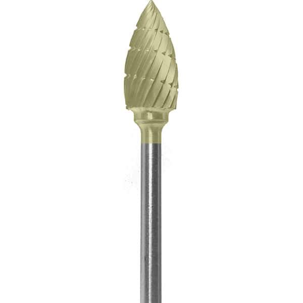 Made in USA - 1/4" Cut Diam, 0.0925" Shank Diam, Flame Head Chipbreaker Cut Burr - Carbide, 1/2" LOC, 2" OAL - Apex Tool & Supply