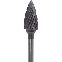 Made in USA - 1/4" Cut Diam, 0.0925" Shank Diam, Tree Head Double Cut Burr - Carbide, 1/2" LOC, 2" OAL - Apex Tool & Supply