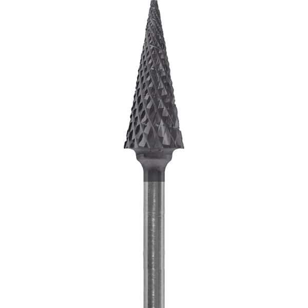 Made in USA - 1/4" Cut Diam, 0.0925" Shank Diam, Cone Head Diamond Cut Burr - Carbide, 5/8" LOC, 2" OAL - Apex Tool & Supply