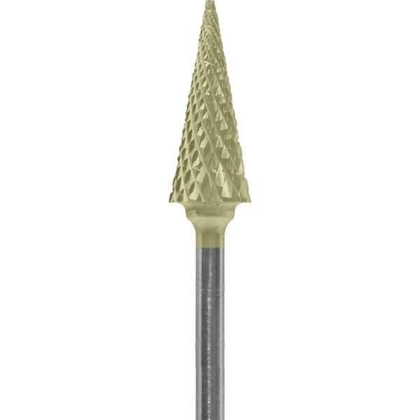 Made in USA - 1/4" Cut Diam, 0.0925" Shank Diam, Cone Head Diamond Cut Burr - Carbide, 5/8" LOC, 2" OAL - Apex Tool & Supply