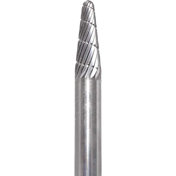 Made in USA - 1/4" Cut Diam, 1/4" Shank Diam, Cone Head Fastmill Cut Burr - Carbide, 5/8" LOC, 2" OAL - Apex Tool & Supply