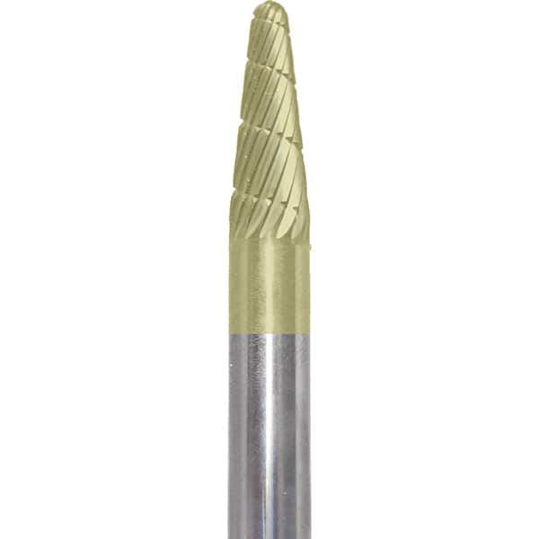 Made in USA - 1/4" Cut Diam, 1/4" Shank Diam, Cone Head Double Cut Burr - Carbide, 5/8" LOC, 2" OAL - Apex Tool & Supply