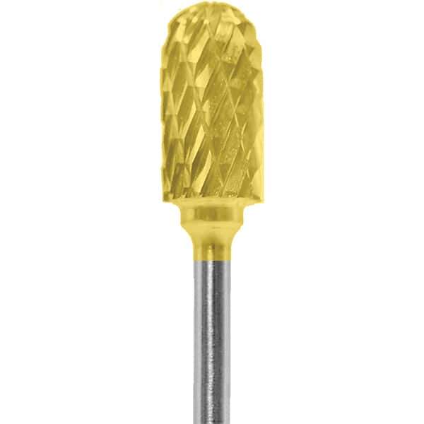 Made in USA - 1/4" Cut Diam, 0.0925" Shank Diam, Cylinder with Radius Head Diamond Cut Burr - Carbide, 1/2" LOC, 2" OAL - Apex Tool & Supply