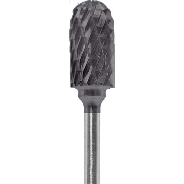 Made in USA - 1/4" Cut Diam, 0.0925" Shank Diam, Cylinder with Radius Head Diamond Cut Burr - Carbide, 1/2" LOC, 2" OAL - Apex Tool & Supply