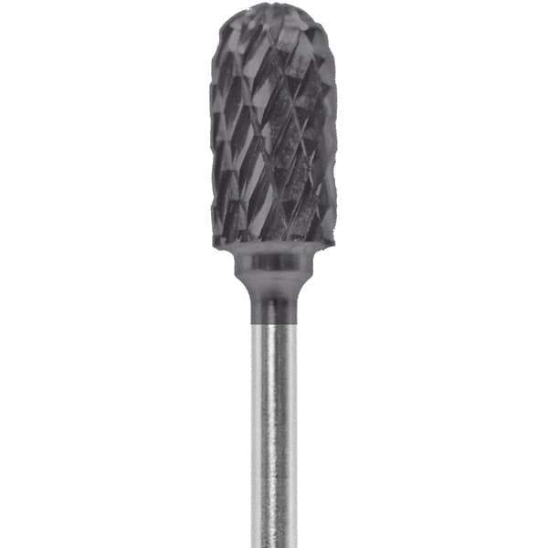 Made in USA - 1/4" Cut Diam, 0.0925" Shank Diam, Cylinder with Radius Head Double Cut Burr - Carbide, 1/2" LOC, 2" OAL - Apex Tool & Supply