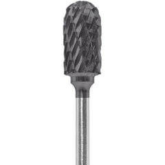 Made in USA - 1/4" Cut Diam, 0.0925" Shank Diam, Cylinder with Radius Head Double Cut Burr - Carbide, 1/2" LOC, 2" OAL - Apex Tool & Supply