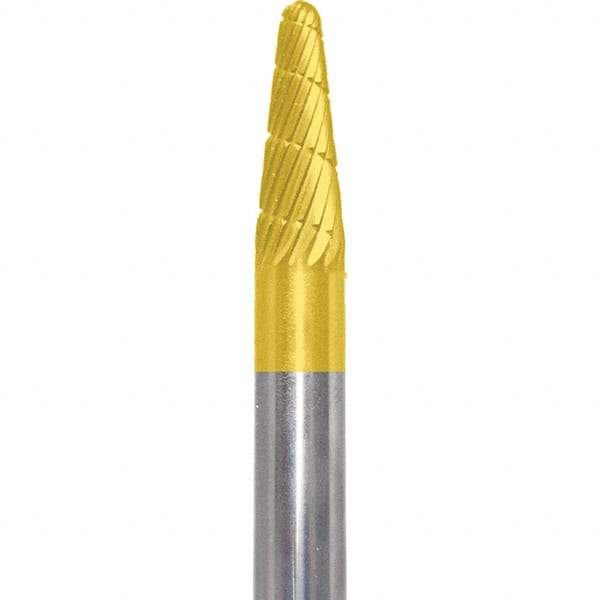 Made in USA - 1/4" Cut Diam, 1/4" Shank Diam, Cone Head Fastmill Cut Burr - Carbide, 5/8" LOC, 2" OAL - Apex Tool & Supply