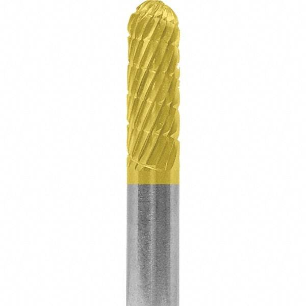 Made in USA - 1/4" Cut Diam, 1/4" Shank Diam, Cylinder with Radius Head Fastmill Cut Burr - Carbide, 5/8" LOC, 2" OAL - Apex Tool & Supply