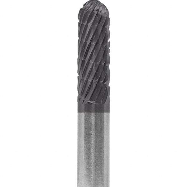 Made in USA - 1/4" Cut Diam, 1/4" Shank Diam, Cylinder with Radius Head Double Cut Burr - Carbide, 5/8" LOC, 2" OAL - Apex Tool & Supply