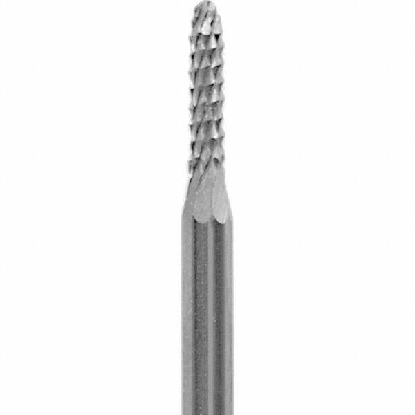 Made in USA - 3/32" Cut Diam, 0.0925" Shank Diam, Cone Head Diamond Cut Burr - Carbide, 3/8" LOC, 1-1/2" OAL - Apex Tool & Supply