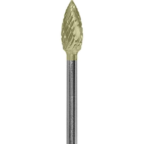 Made in USA - 3/16" Cut Diam, 0.0925" Shank Diam, Flame Head Diamond Cut Burr - Carbide, 3/8" LOC, 1-7/8" OAL - Apex Tool & Supply