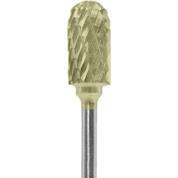 Made in USA - 1/4" Cut Diam, 0.0925" Shank Diam, Cylinder with Radius Head Diamond Cut Burr - Carbide, 1/2" LOC, 2" OAL - Apex Tool & Supply