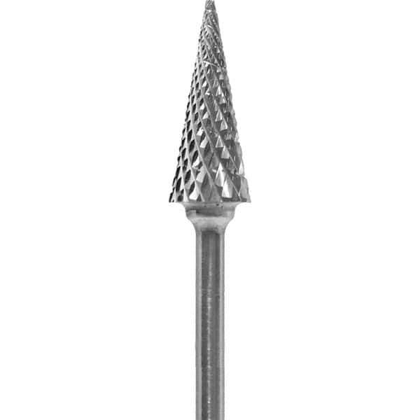 Made in USA - 1/4" Cut Diam, 0.0925" Shank Diam, Cone Head Diamond Cut Burr - Carbide, 5/8" LOC, 2" OAL - Apex Tool & Supply
